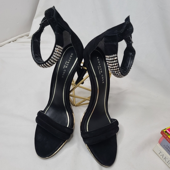 Kenneth Cole Black Suede Rhinestone Ankle Strap 4.75 inch High Heels Size 8 - Picture 3 of 14